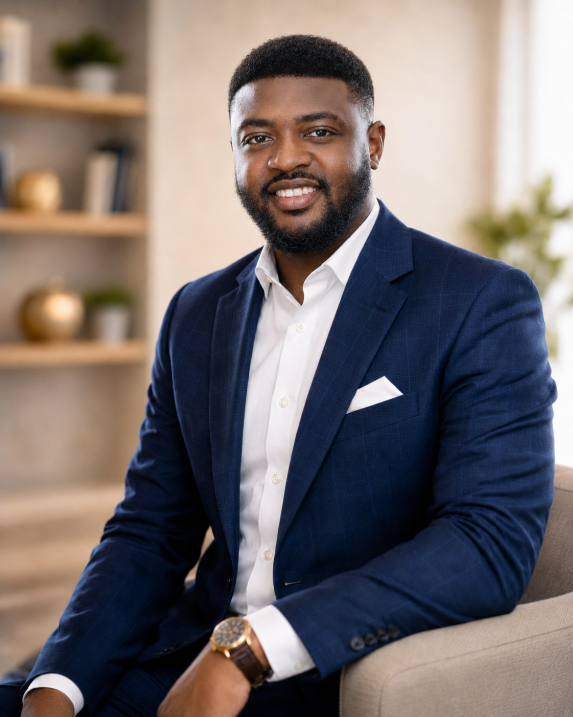 Tai Shobajo, founder of Trust Tai, seated in his Murfreesboro office.